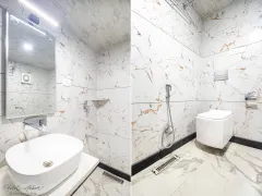Elegant modern hotel washroom interior details.